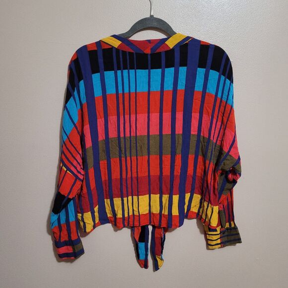Express Bright Multi colored button up tie front Blouse Geometric Pattern Size S - Picture 2 of 7
